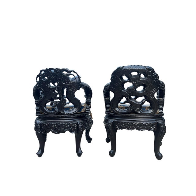 Pair of Complementary Carved Dragon Armchairs - Vintage Asian Export (Ishizuka) - Hollywood Regency Style Striking pair of...