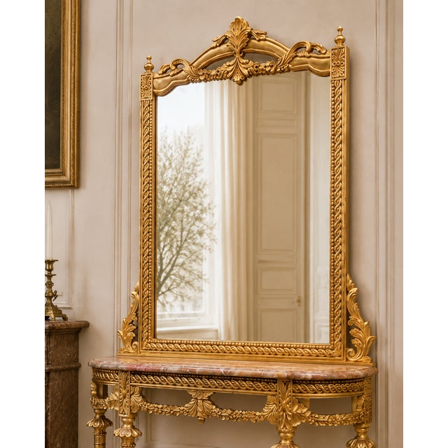 1950 French Louis XVI Gold Console Mirror Set - 2 Pc For Sale - Image 6 of 11