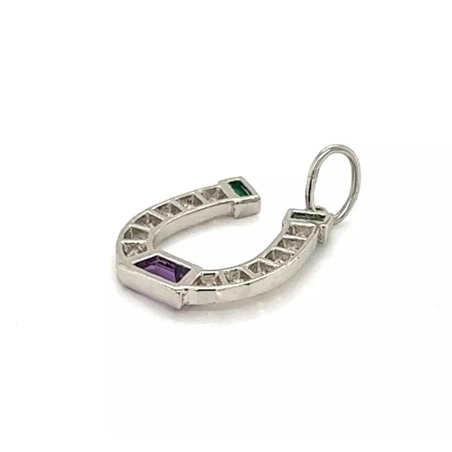 Tiffany and Co. Tiffany & Co. Platinum Diamond Emerald Amethyst Horseshoe Charm Pendant For Sale - Image 4 of 5