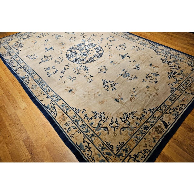 Antique Chinese Peking Oversize Rug, Wool on Cotton, All-Over Floral Design, Ivory & Blue, 12' X 18' For Sale In Chicago - Image 6 of 18