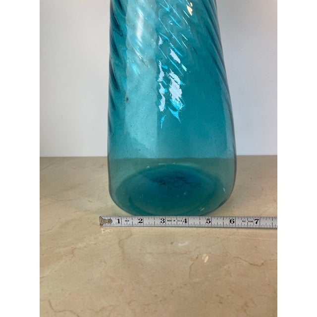 Glass Vintage Hand-Blown Aqua Optic Swirl Art Glass Floor Bottle For Sale - Image 7 of 8