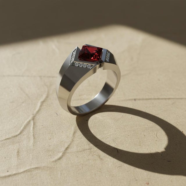Square-Cut Garnet Architectural Silver Cocktail Ring, Size 7.5 For Sale - Image 4 of 5