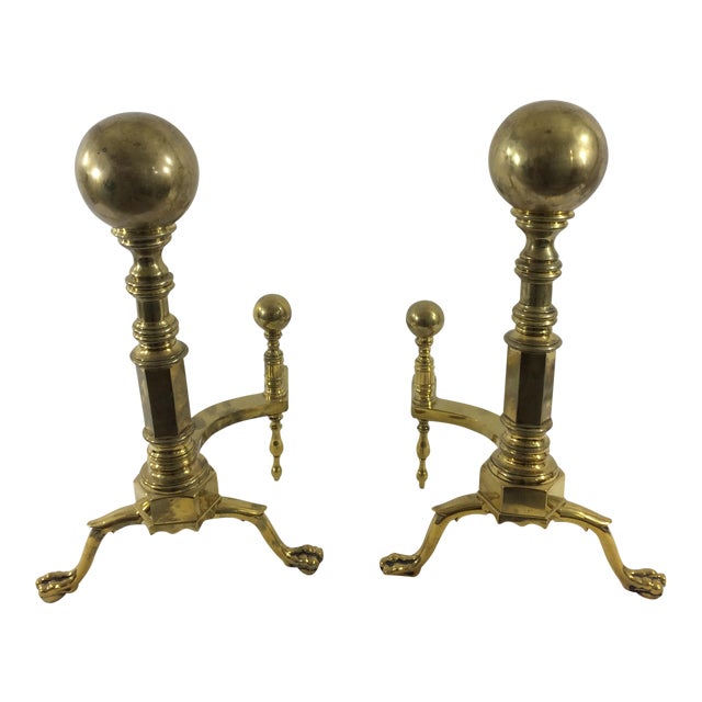 Brass Cannonball Andirons - A Pair For Sale