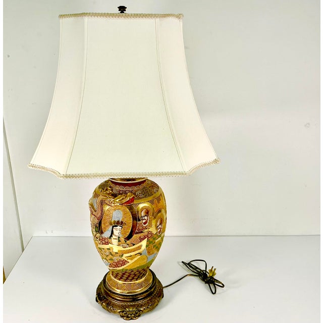 Vintage Hand Painted Japanese Satsuma Moriage Ironstone Table Lamp With Raised Relief Dragon For Sale - Image 15 of 17