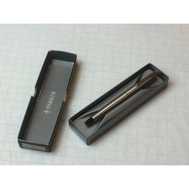 Vintage Parker Fountain Pen, Brushed Steel and Black Accents, in Box For Sale - Image 10 of 13