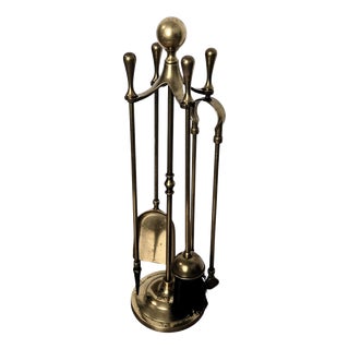 Vintage Italian Four-Piece Brass Fireplace Fire Tool Set with Stand, 1980s For Sale