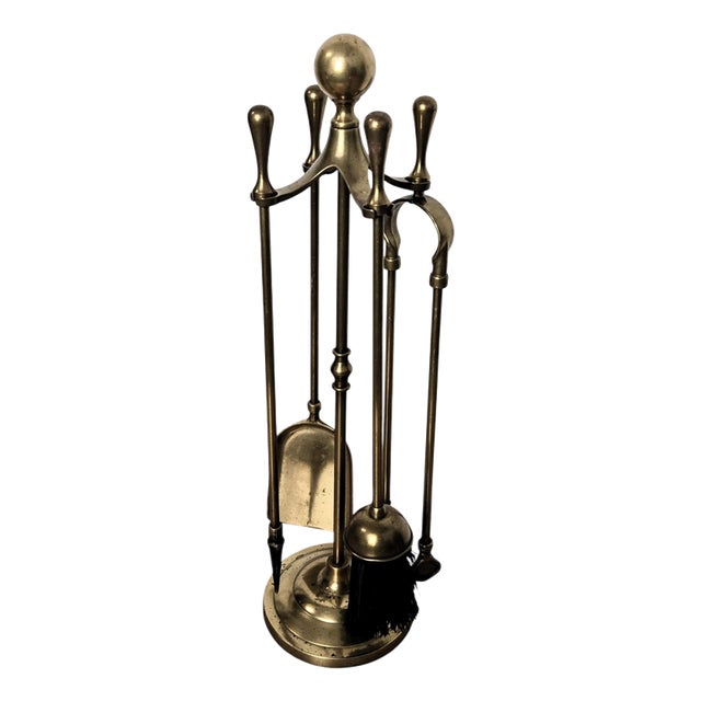 Vintage Italian Four-Piece Brass Fireplace Fire Tool Set with Stand, 1980s For Sale