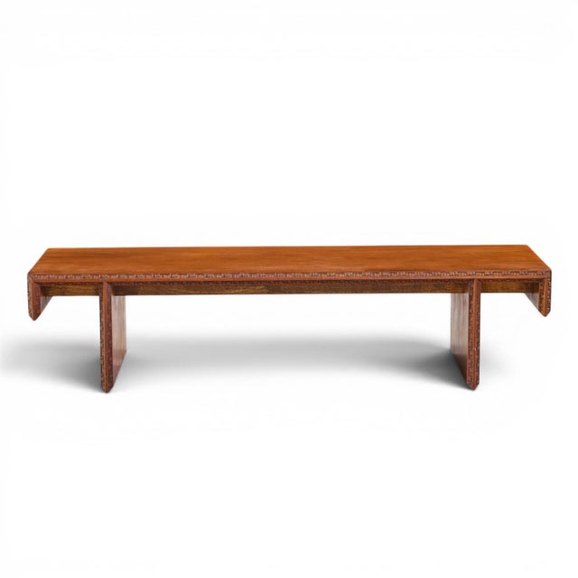 Frank Lloyd Wright Taliesin Mid Century Carved Mahogany Bench Coffee Table This bench measures: 60 wide x 19.5 deep x 14...