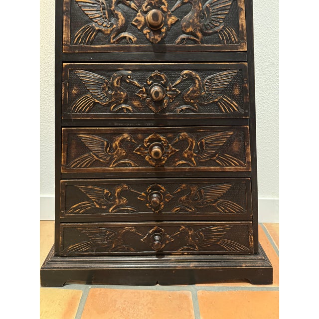 Tribal Vintage Indonesian Style Hand-Carved Wood Pyramid Chest, 11 Drawers, 60” For Sale - Image 3 of 11