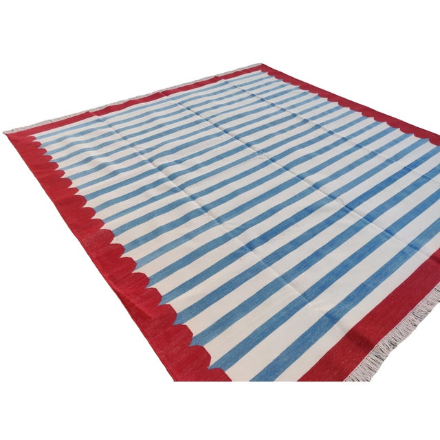 Textile Handmade Cotton Area Rug, Natural Vegetable Dyed, Blue and White Red Border Striped Dhurrie -9'x12' For Sale - Image 7 of 10