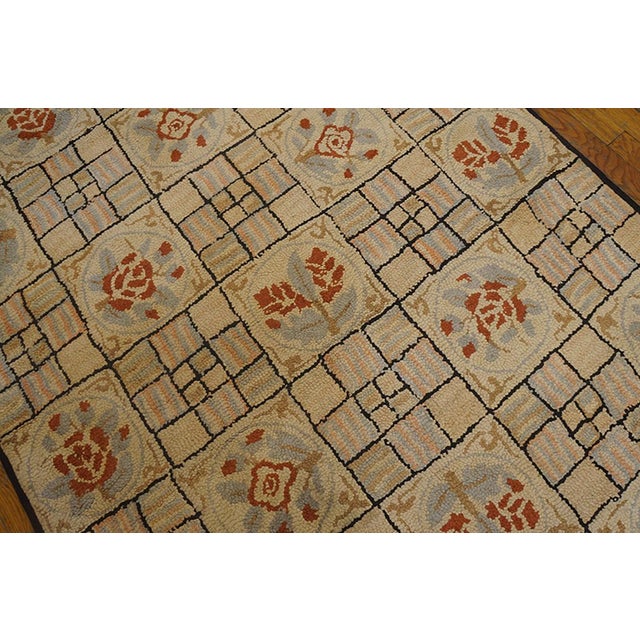1930s Ivory Geometric Folk Art Antique American Hooked Rug 4' X 7'1" Handknotted Wool Carpet For Sale - Image 4 of 5