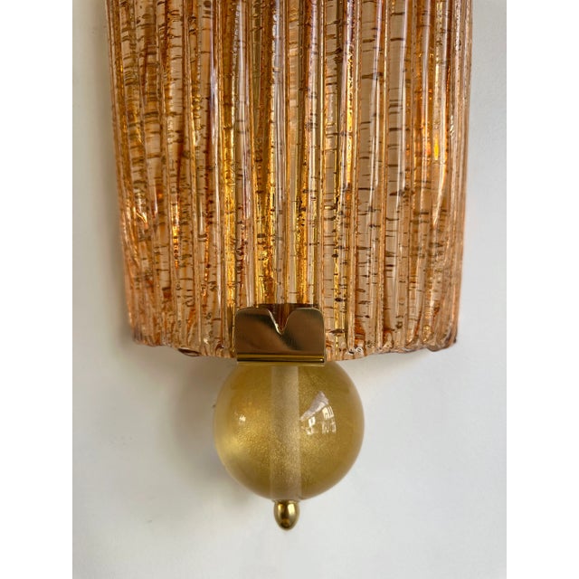 Metal Large Contemporary Pair of Brass Salmon Gold Leaf Murano Glass Sconces, Italy For Sale - Image 7 of 11