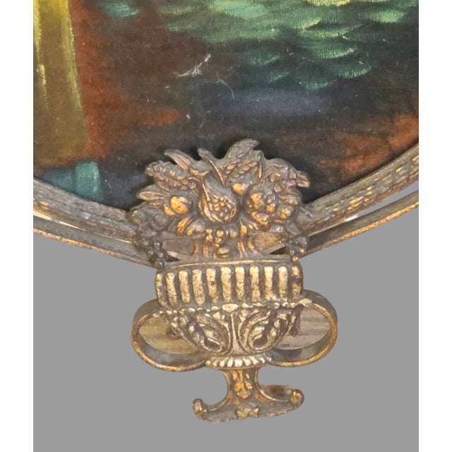 Early 20th Century Antique Italian Bronzed Ornate Floral Urn Metal Frame Florentine Painted Venetian Velvet Fabric Wall Hanging Art For Sale - Image 5 of 11
