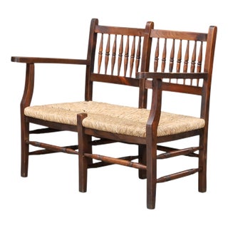 French Patinated Beech and Rush 2-Seat Bench, France, 1950s For Sale