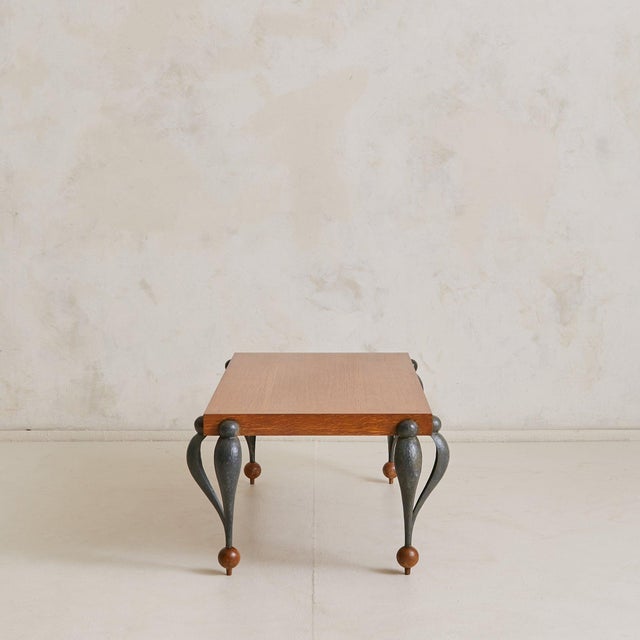 Modern French Oak + Hammered Iron Rectangular Coffee Table, 1950s For Sale - Image 3 of 9