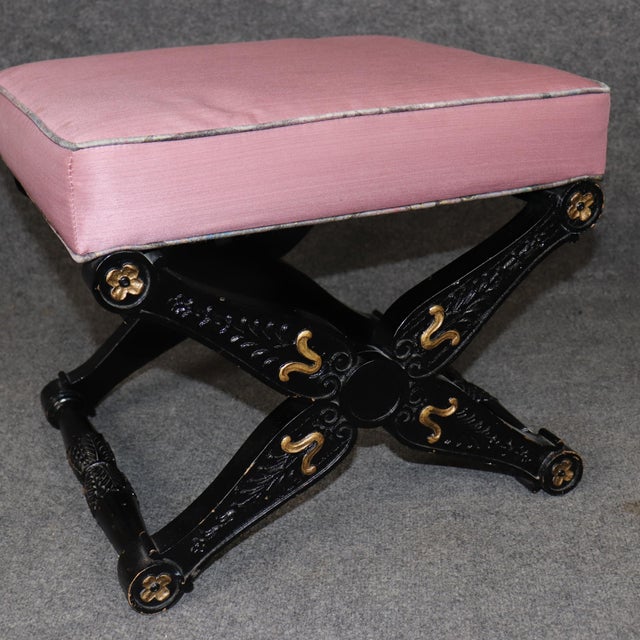 Textile Pair of 1980s Ebonized and Gilded Baker Carved French Louis XV Style X Form Stools For Sale - Image 7 of 12