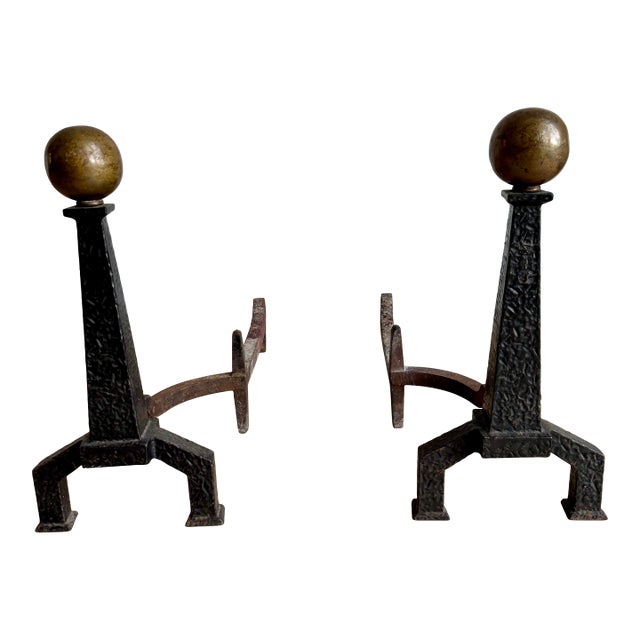 Late 19th Century Signed Bradley & Hubbard Neoclassical Obelisk Hammered Iron Andirons - Pair For Sale