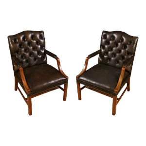 Pair of Vintage Georgian Patinated Leather Tufted Arm Chairs