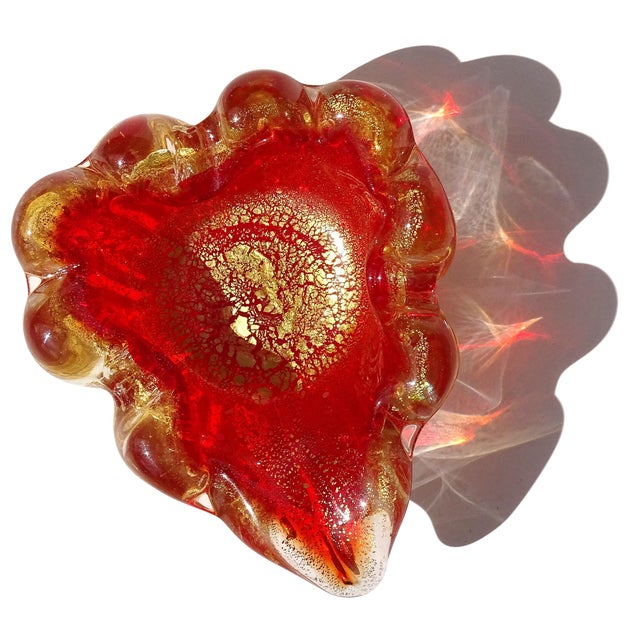 Vintage Murano Barovier Toso Bright Red Gold Flecks Control Bubbles Italian Art Glass Ashtray Bowl For Sale In Orlando - Image 6 of 9