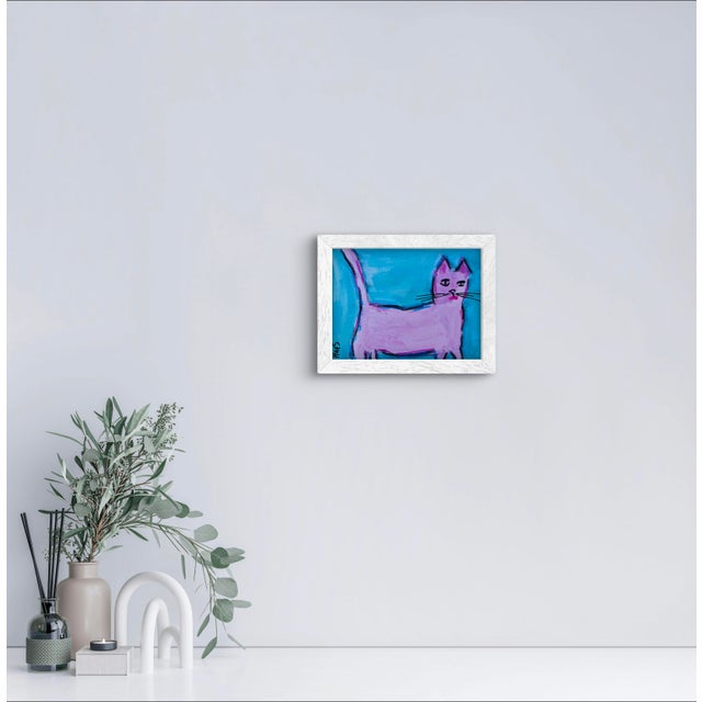 Wood Contemporary Art, Pink Cat, Acrylic Mixed Media Painting For Sale - Image 7 of 9