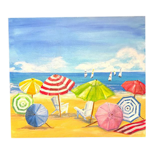 Vintage Beach Scene Painting – Umbrellas and Sailboats