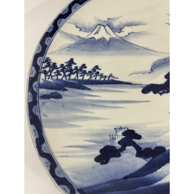 Ink Blue Early 20th Century Large 14.5" Blue and White Japanese Charger Mt Fuji For Sale - Image 8 of 17