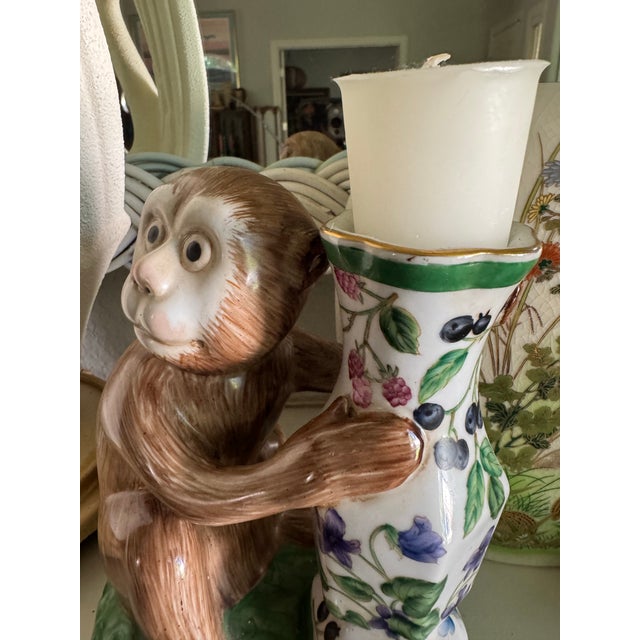 Antique Pair of Early Export Chinoiserie Ceramic Monkey Vase/Candlestick Holders For Sale - Image 10 of 12