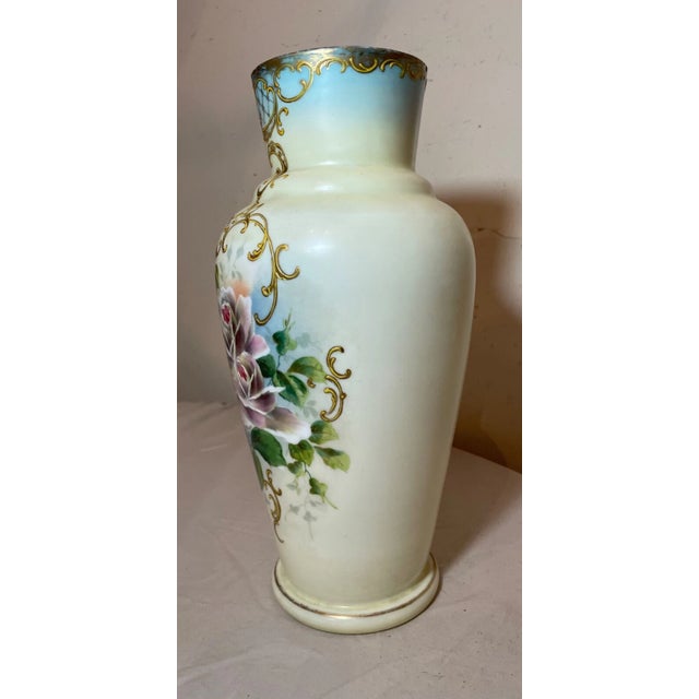 Tall Antique Hand Blown Painted Milk Bristol Glass Enamel Enameled Flower Vase For Sale - Image 9 of 11