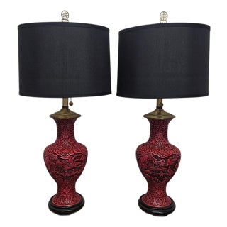 Mid 20th Century Mid-Century Chinese Hand-Carved Cinnabar Lacquer Table Lamps, Pair For Sale