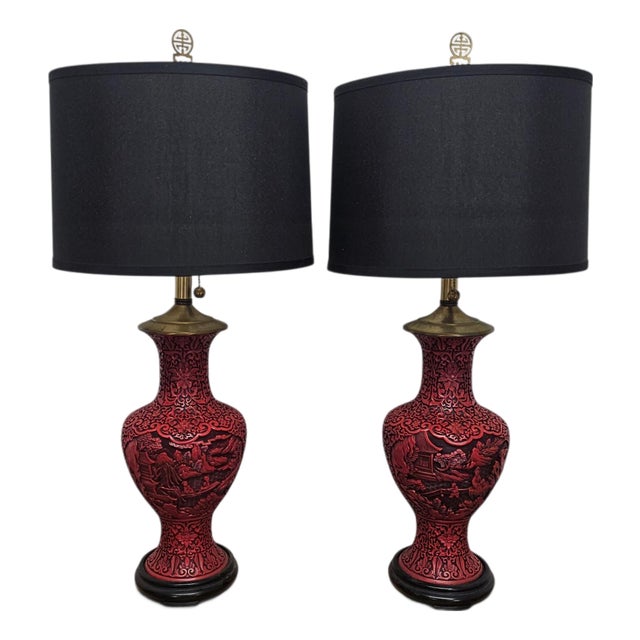 Mid 20th Century Mid-Century Chinese Hand-Carved Cinnabar Lacquer Table Lamps, Pair For Sale