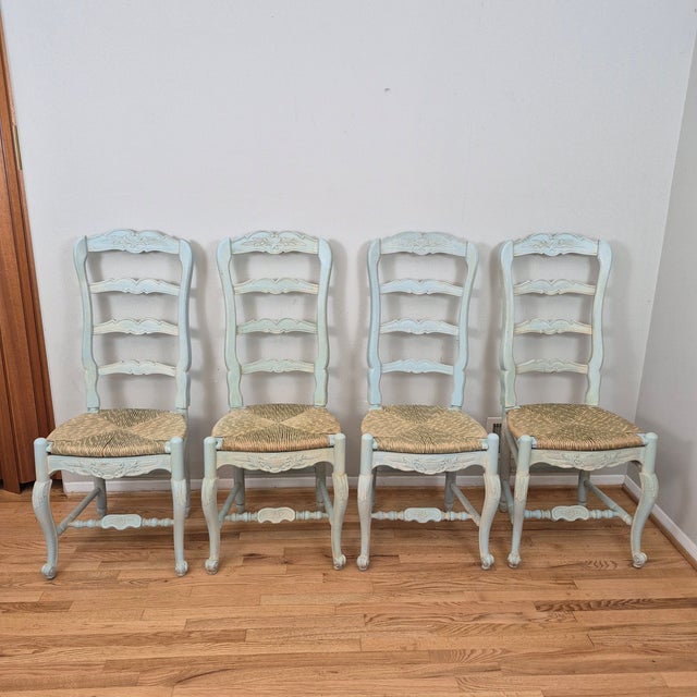 French Provincial Late 20th Century Habersham Plantation French Country Painted Ladder Back Rush Seat Dining Side Chairs, Assembled Set of 6 For Sale - Image 3 of 18