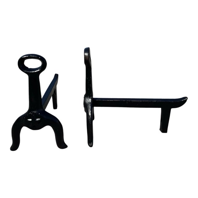 Art Deco Antique Heavy Cast Iron Loop Top Fireplace Andirons Fire Dogs Pair Early 1900s For Sale - Image 3 of 17