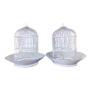 Large Antique Heavy White Wrought Iron Hanging Dome Bird Cages - Set of 2
