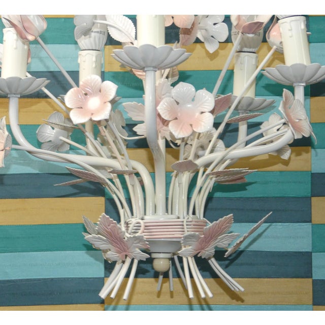 Vintage French Five Candle Chandelier with Pink Flowers by Massive, 1970s For Sale - Image 4 of 11