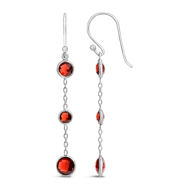 Contemporary .925 Sterling Silver Graduating Bezel Set Red Garnet Dangle Earring For Sale - Image 3 of 5