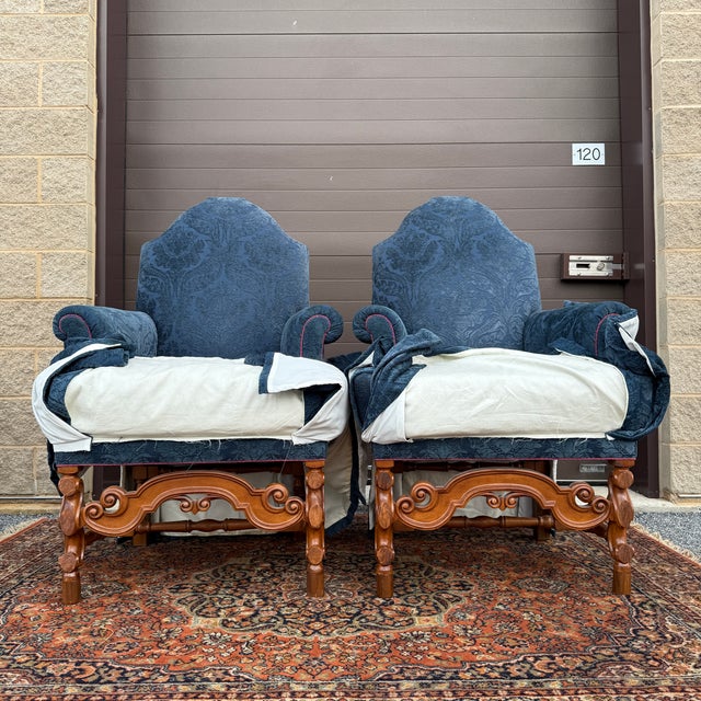 Vintage Baker Furniture William and Mary Walnut, Blue Damask Custom Built High Seat Throne Lounge Chairs - A Pair For Sale - Image 14 of 18
