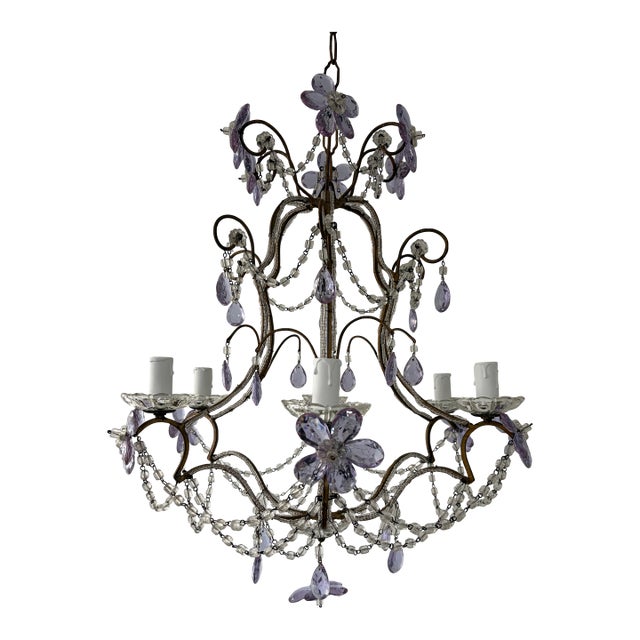 French Rare Lavender Purple Crystal Prisms Murano Beaded Chandelier Lilac 1930 For Sale