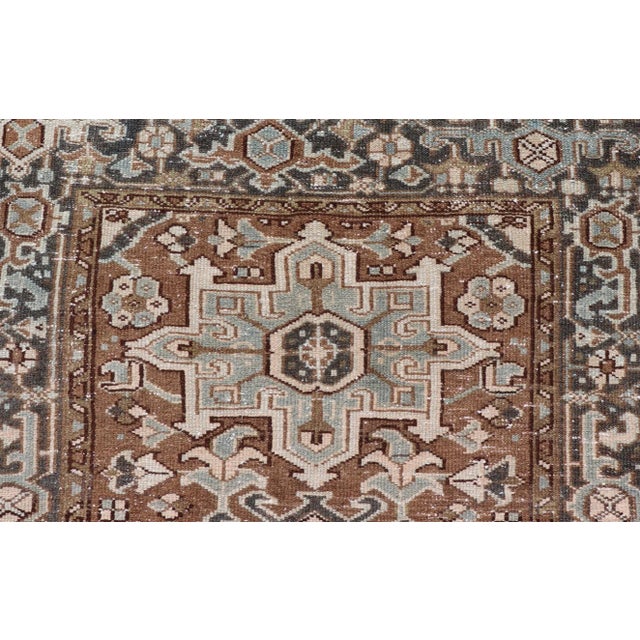 Early 20th Century Antique Persian Heriz Rug With Geometric Medallion Design in Mocha, Blue, & Tan For Sale - Image 5 of 12