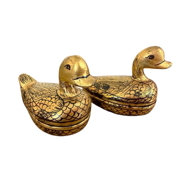 Vintage Burmese Gold Painted Wood Lacquered Ducks Trinket Boxes S/2 For Sale - Image 4 of 8