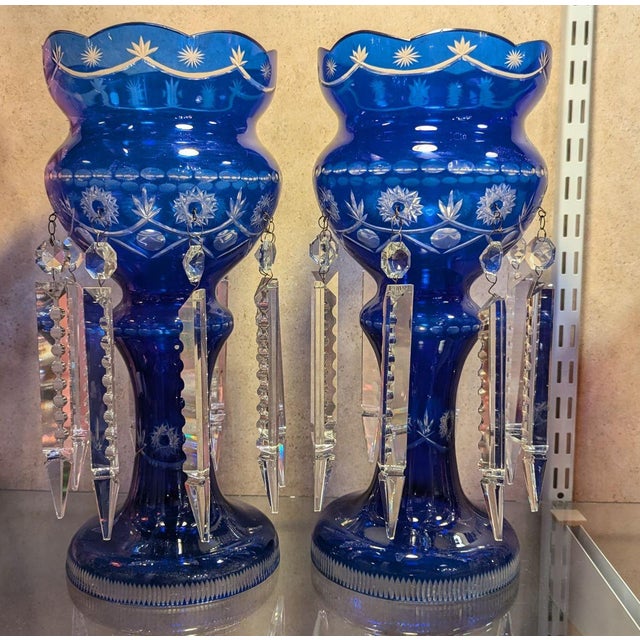 Bohemian cobalt cut to clear crystal luster pair! This large pair of crystal mantel lusters are simply amazing to display,...