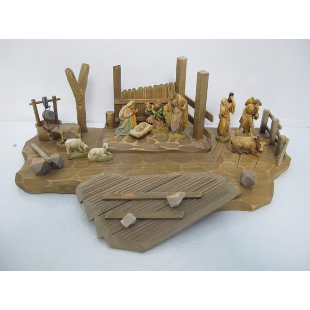 Small Anri Italy wooden nativity scene. Stylized hand painted figures including Mary, Joseph, Jesus, three wise men, and...