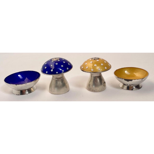 Paint 1960s Sterling Silver and Polka-Dot Enamel Mushroom Shaped Shakers and Salt Cellars - Set of Four For Sale - Image 7 of 8