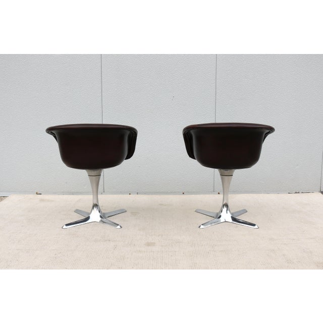 1960 Mid-Century Modern Burke Division Brown Leather Swivel Bucket Chairs, a Pair For Sale - Image 9 of 18