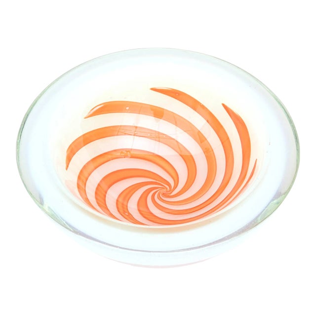 1960's Murano Fratelli Toso White Cased Opalescent Bowl With Orange Optical Swirl Designs For Sale