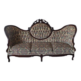 Early 19th Century Victorian Cameo-Back Sofa Settee With Mahogany Wood Trim Floral Carving For Sale