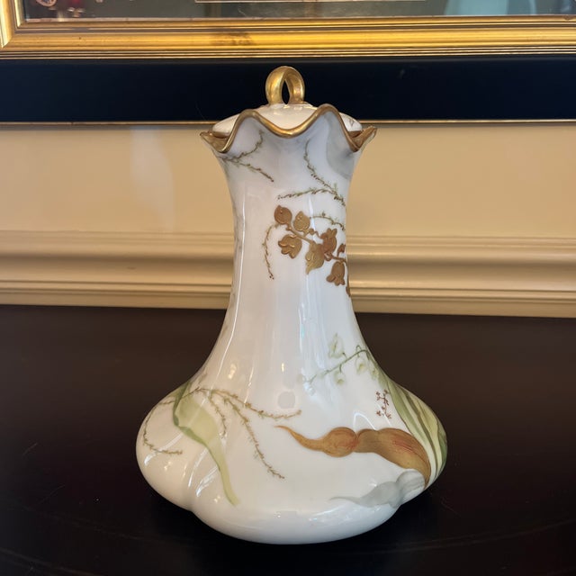 Beautiful and unique signed Limoges antique teapot hand painted with delicate floral design in gold and green for use or...