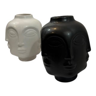 Pair of Multi-Face Ceramic Vases, Black and White Sculptural Faces, Modernist Style, 8 Inch For Sale