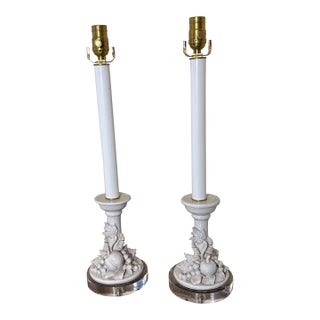 Vintage Italian White Ceramic Fruit Candlestick Table Lamps Acrylic Lucite Base - a Pair For Sale