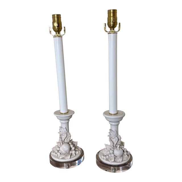 Vintage Italian White Ceramic Fruit Candlestick Table Lamps Acrylic Lucite Base - a Pair For Sale