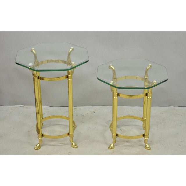 Vintage Hollywood Regency Brass Hoof Foot Glass Top Graduating Side Table - Pair For Sale - Image 15 of 15